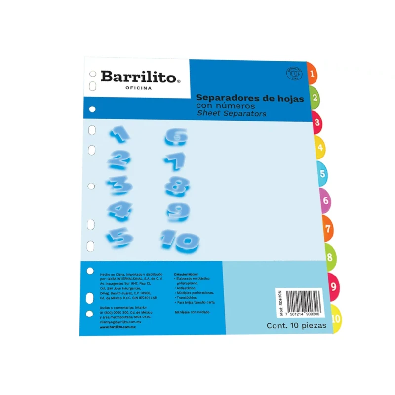 Separador De Hojas Barrilito Numero 1-10 Sdh-10N
