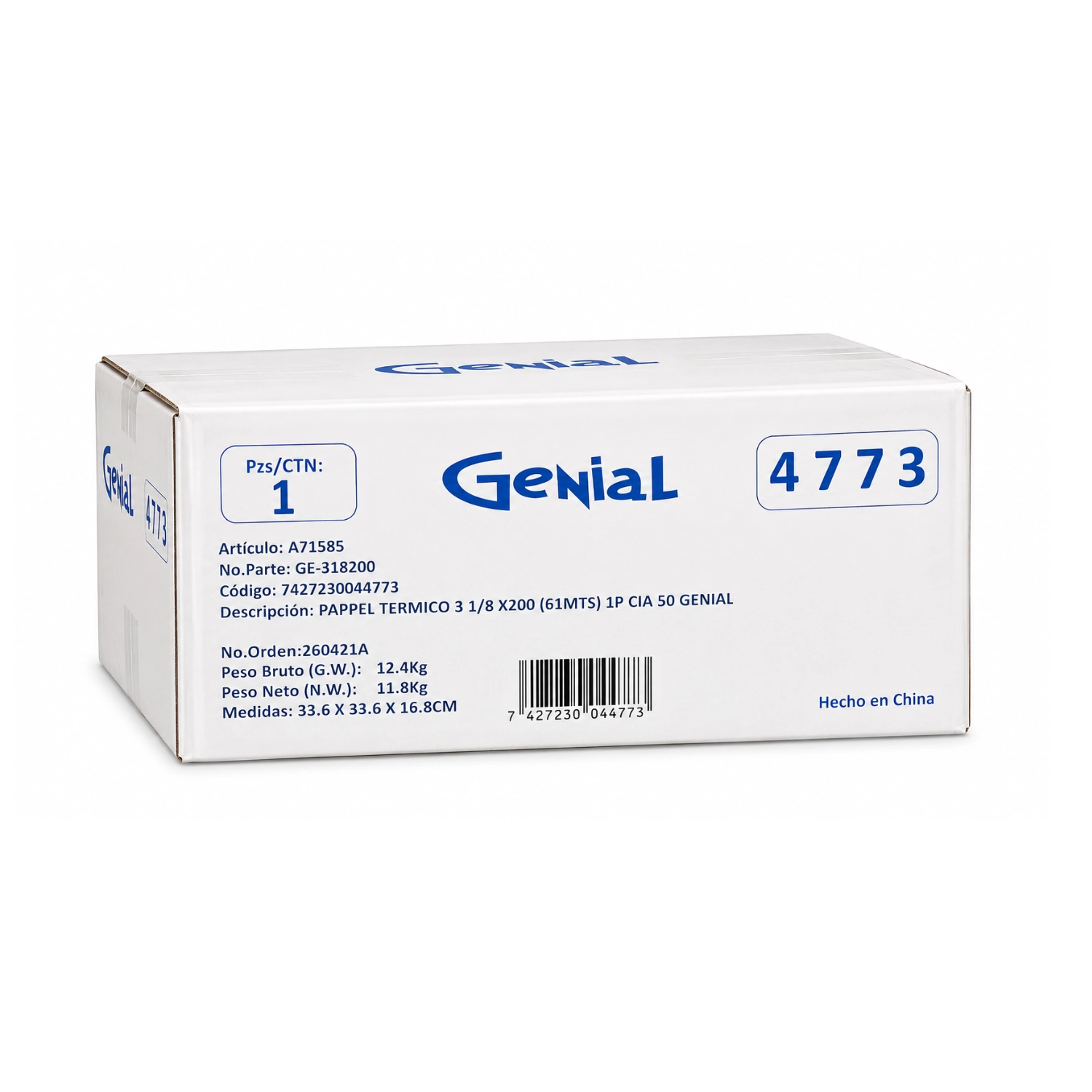 Papel Termico 3 1/8 X200 61 Metros 1Parte Caja 50 Rollos Genial