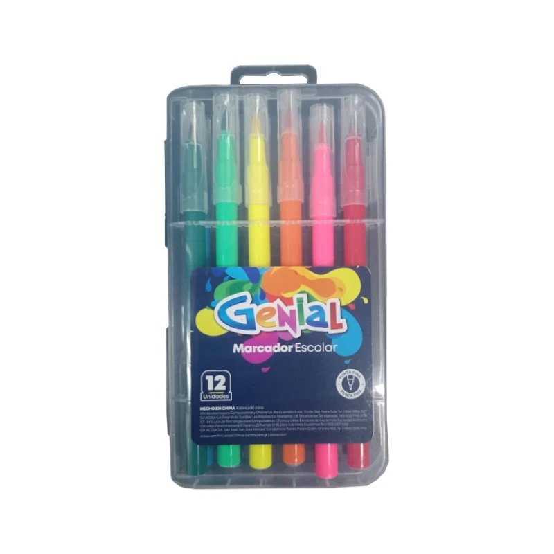Marcador Escolar 12 Colores Genial Punta Pincel Caja Plastica