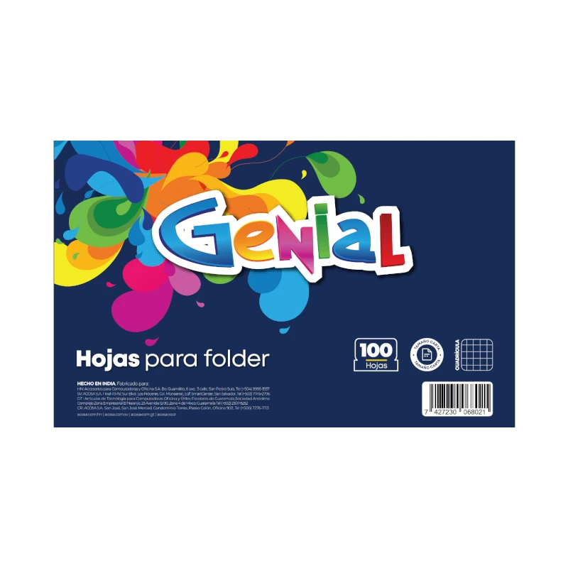Hojas para Folder Tamaño Carta Cuadricula 100 Hojas Genial