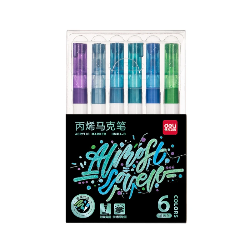 Marcador Acrilico Deli  6 Colores Glitter-Metalico