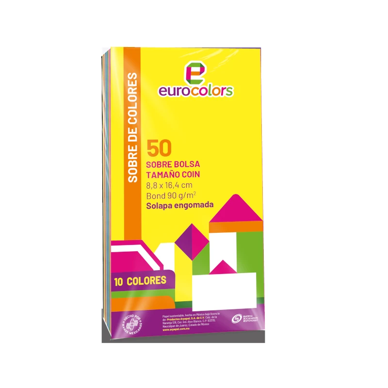 Sobre De Colores 8.8x16.4 Paquete50 Engomado