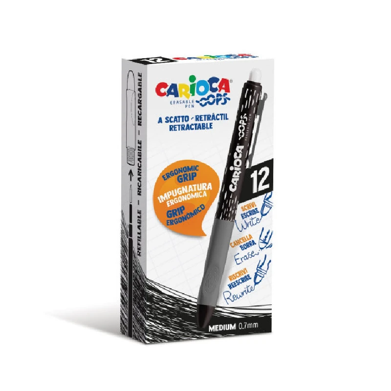 Boligrafo Carioca Oops Retractil Negro Paquete 12 Con Borrador