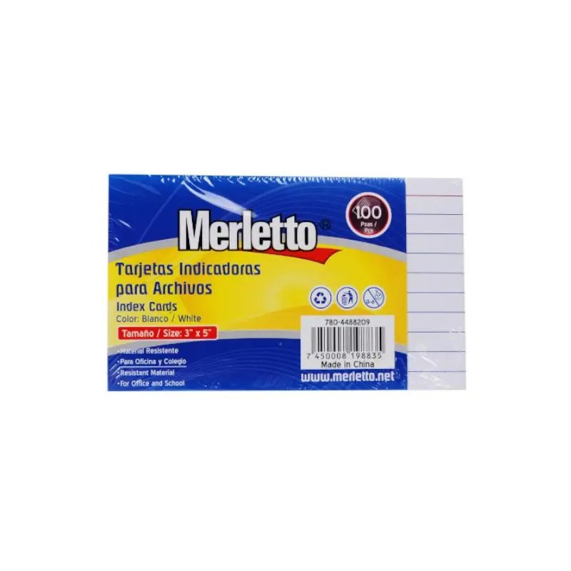 Index Card 3x5 Rayada Paquete 100 Merletto