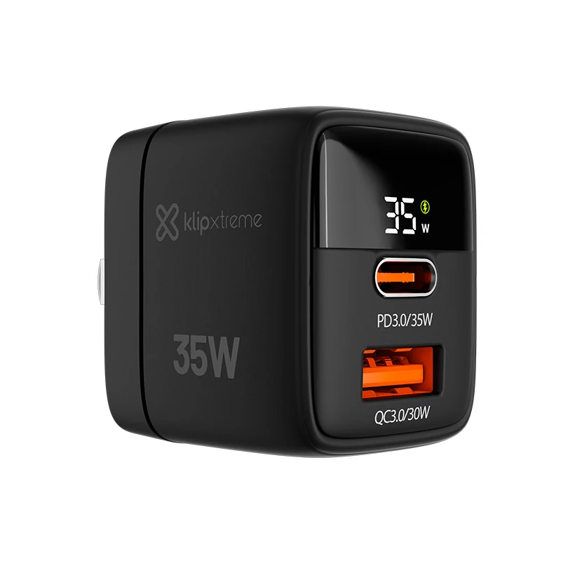 Adaptador De Corriente 1 Usb-C+ 1 Usb-A Carga Rapida 35W Gan Negro Kmc-250 Klipx