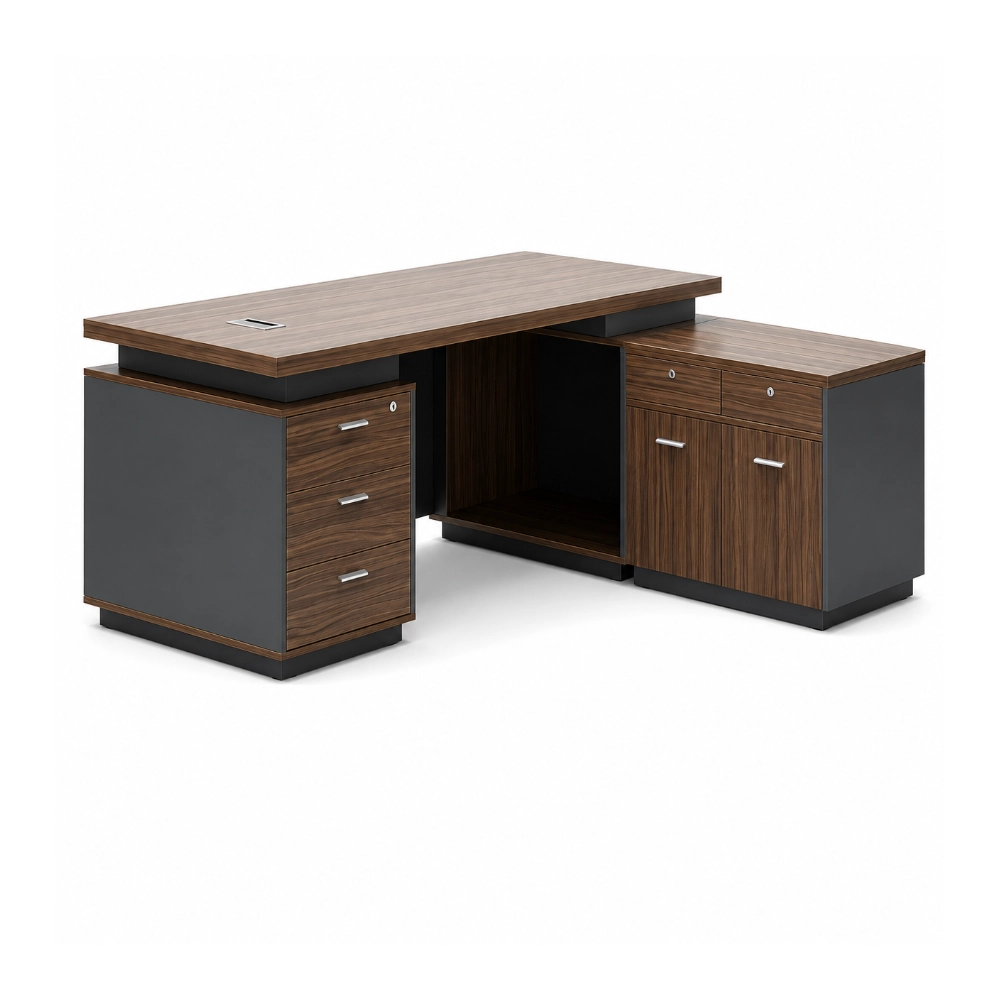 Escritorio Ejecutivo En L Cafe/Gris con Credenza 3 Gavetas 220X100X75Cm